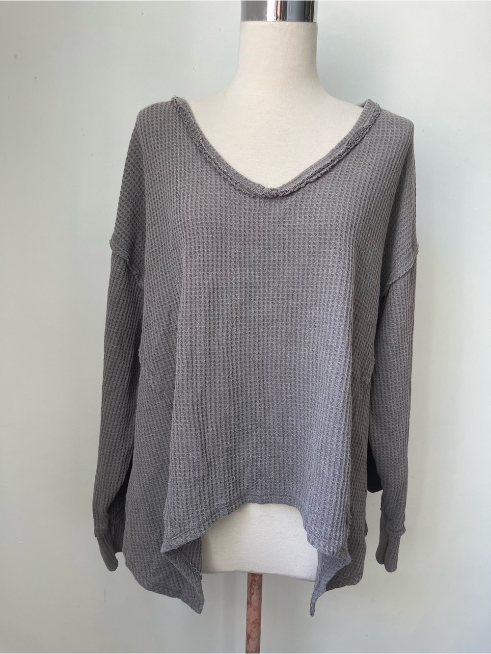 Pink Rose Gray Waffle V-Neck Pullover Sweatshirt